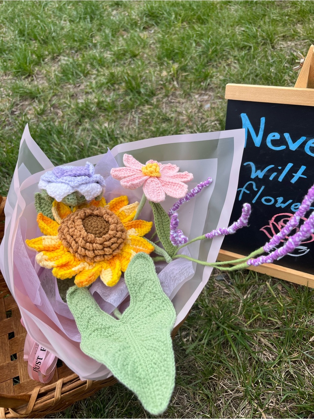 Handmade Crochet Flower Bouquet - Yellow Sunflower & Pastel Blooms